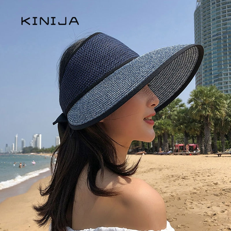 KINIJA Summer Wide Brim Empty Top Straw Hat
