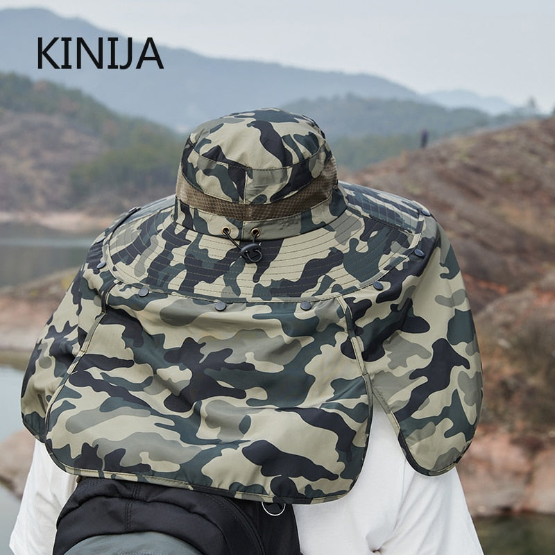 KINIJA Summer Camouflage Large Brim Removable Shawl Bucket Hat