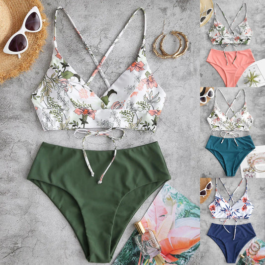 Two Piece Flower Print Split Bikini Sets