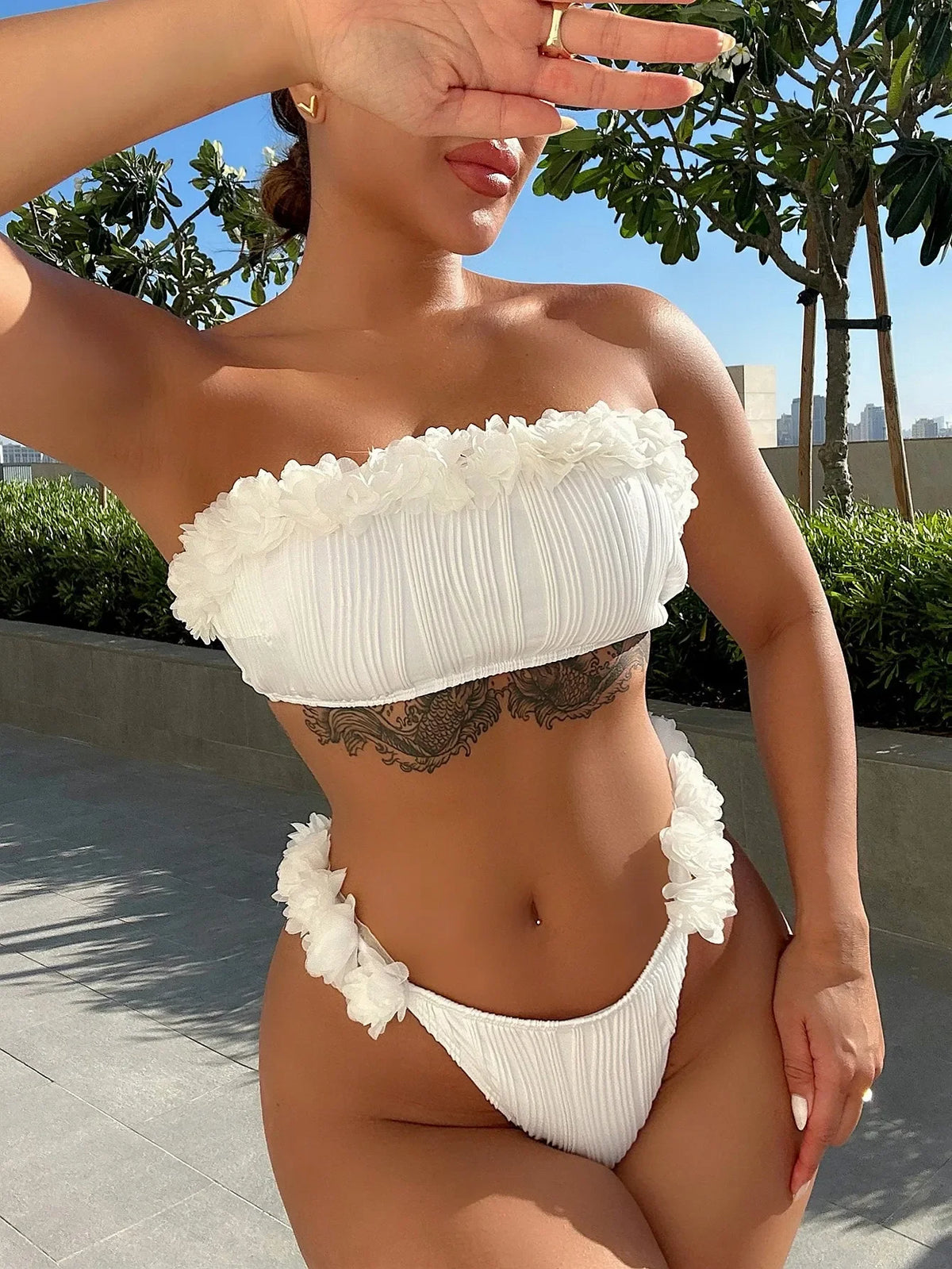 White Flower Embroidery Strapless Bikinis