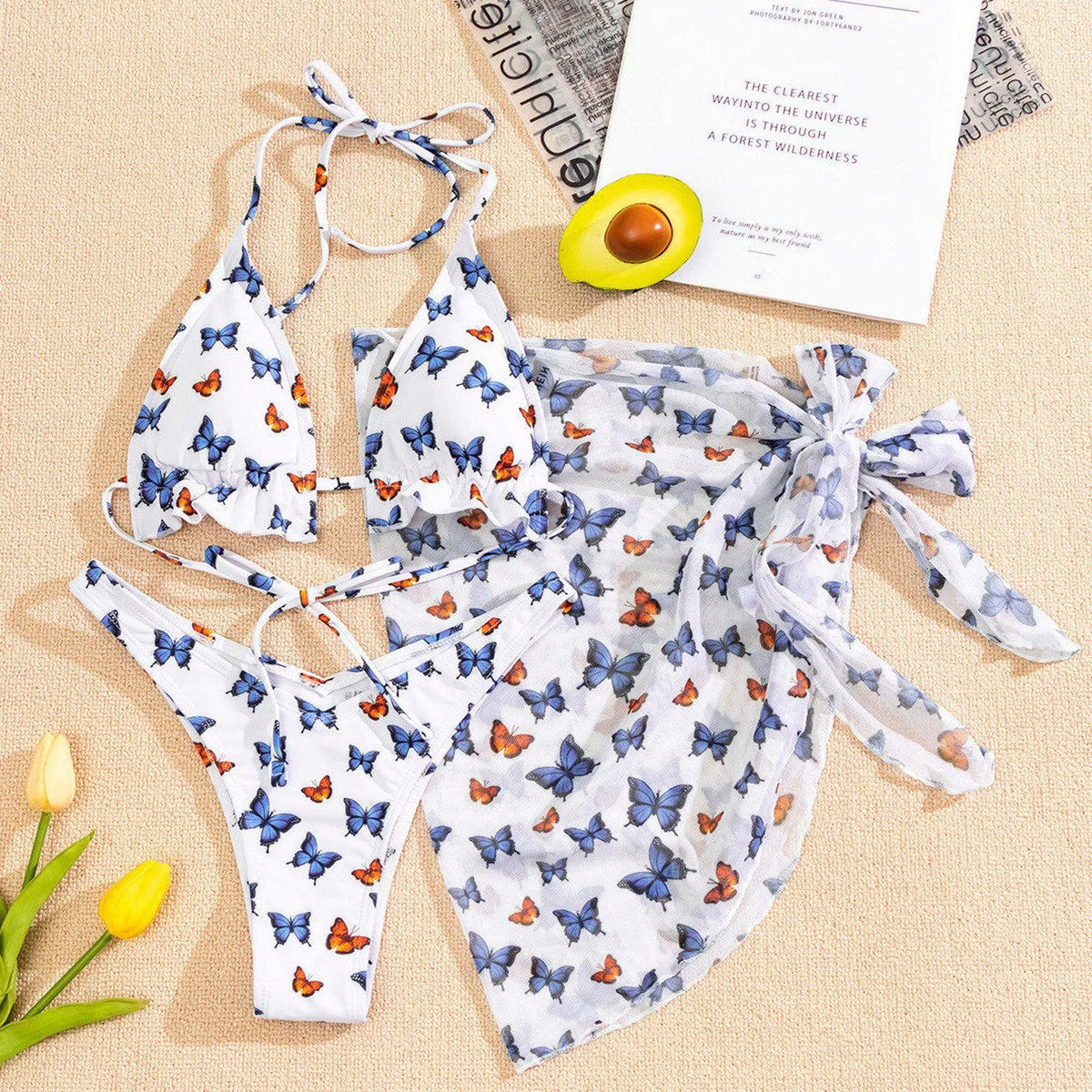 Butterfly Print Split Sarong Three-piece Bikinis