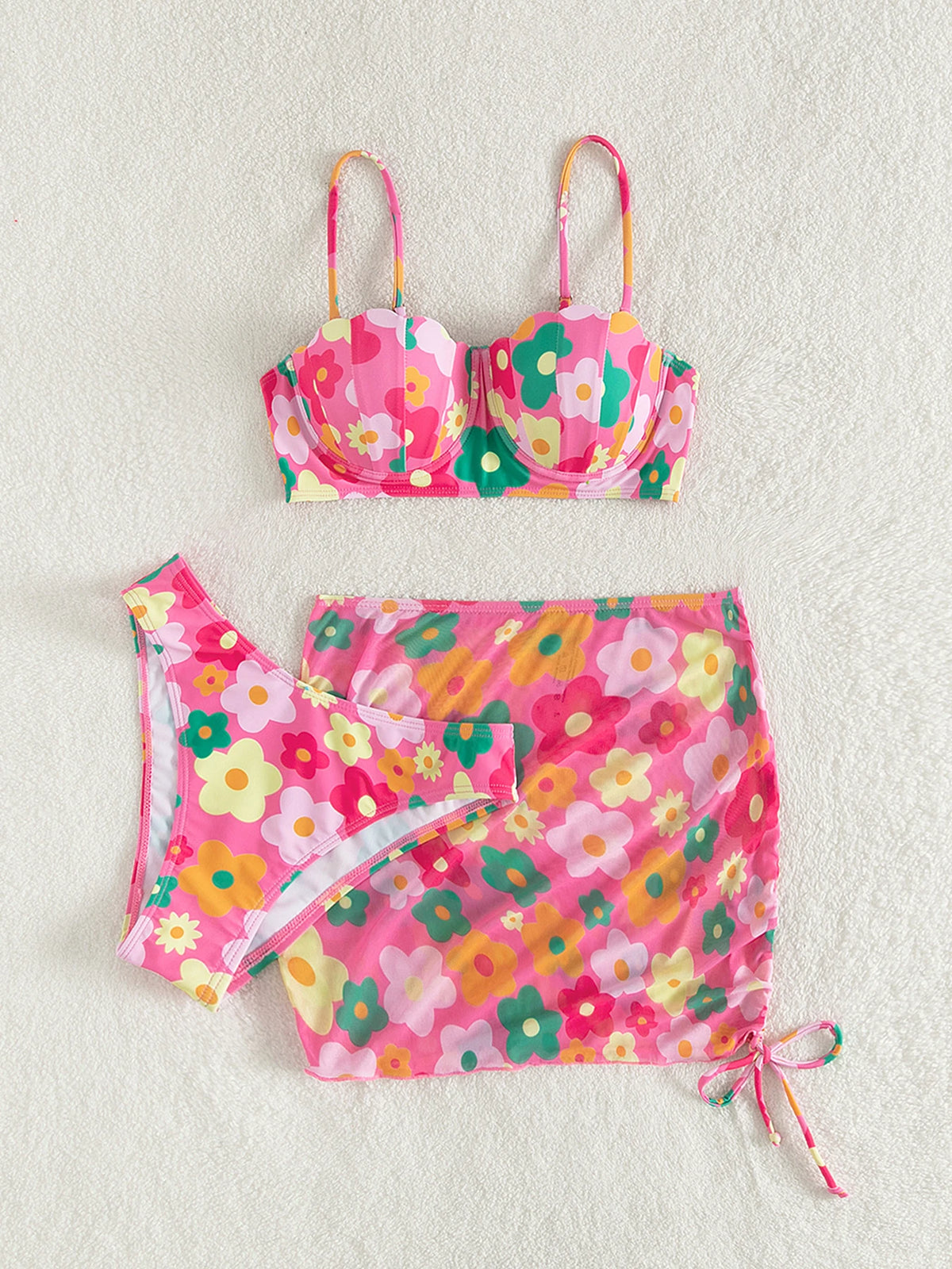 Floral Print Three Piece Bikini Set