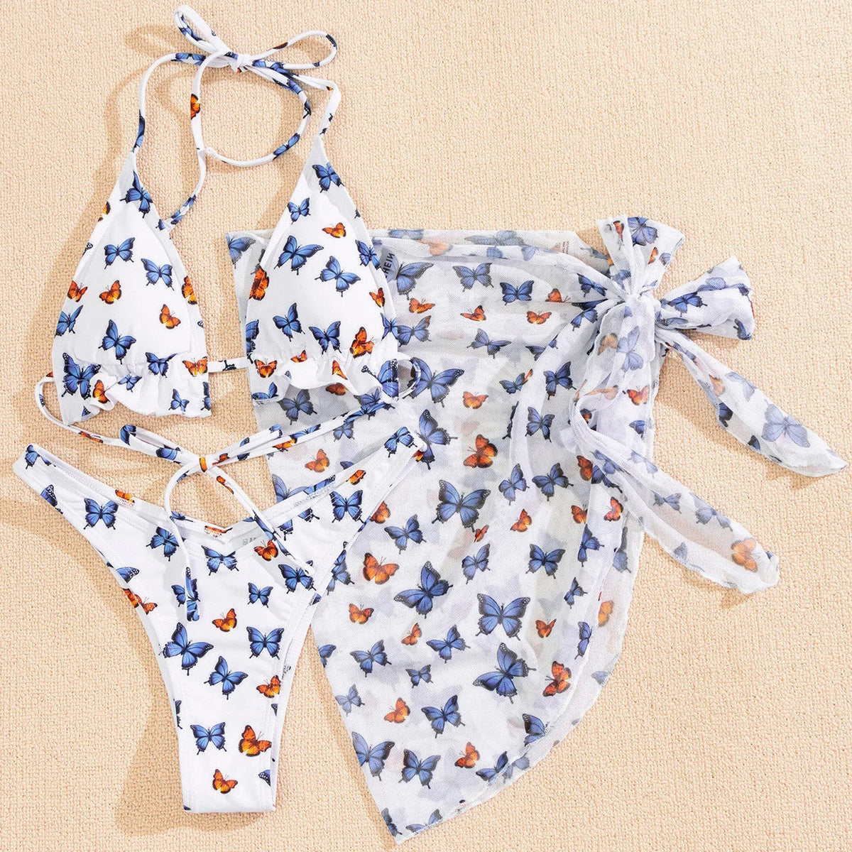 Butterfly Print Split Sarong Three-piece Bikinis