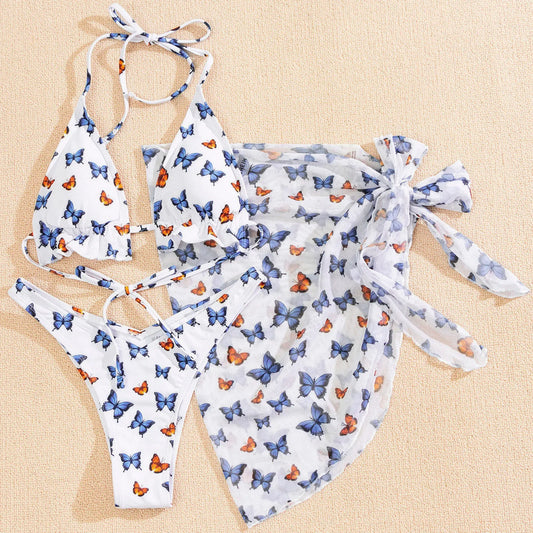 Butterfly Print Split Sarong Three-piece Bikinis