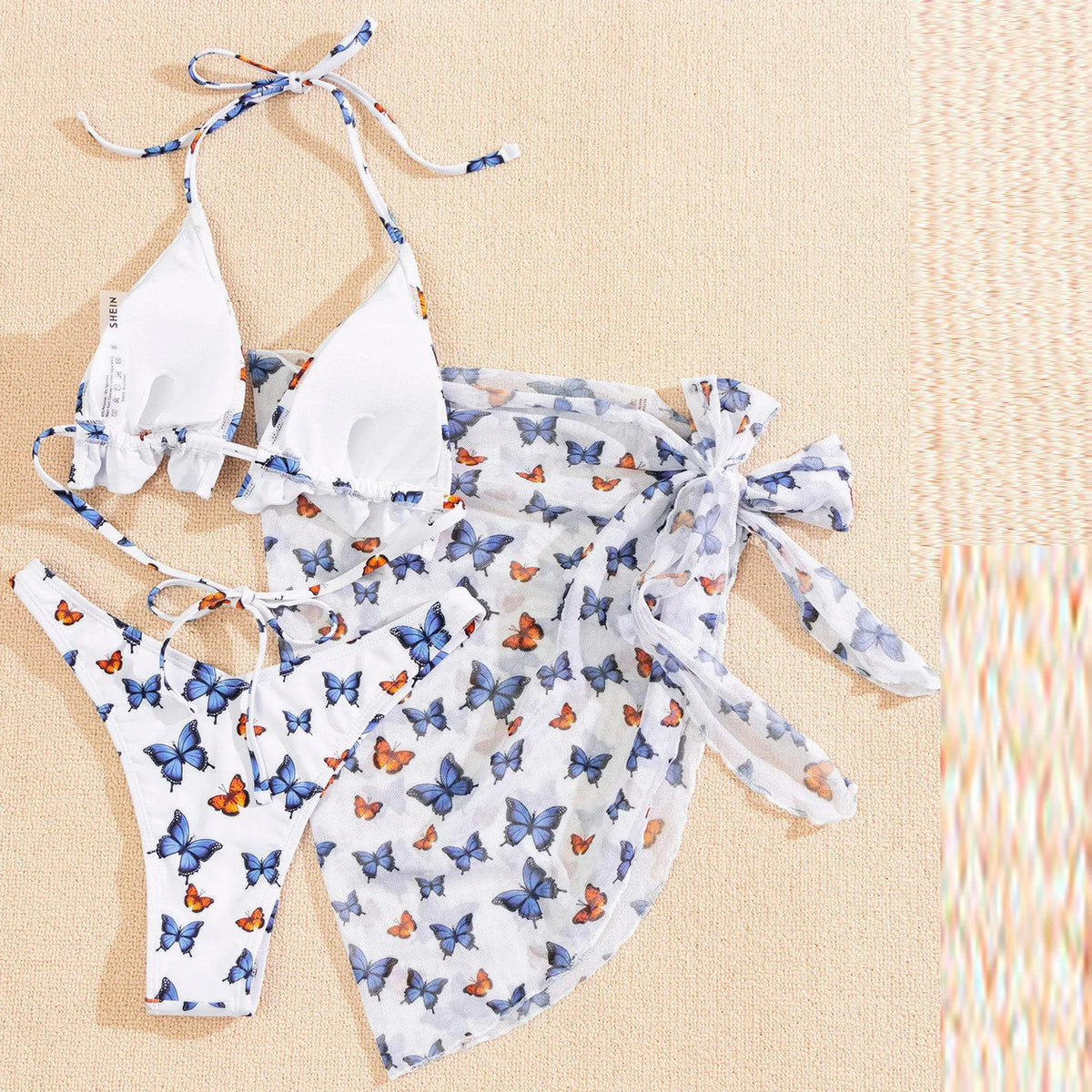 Butterfly Print Split Sarong Three-piece Bikinis