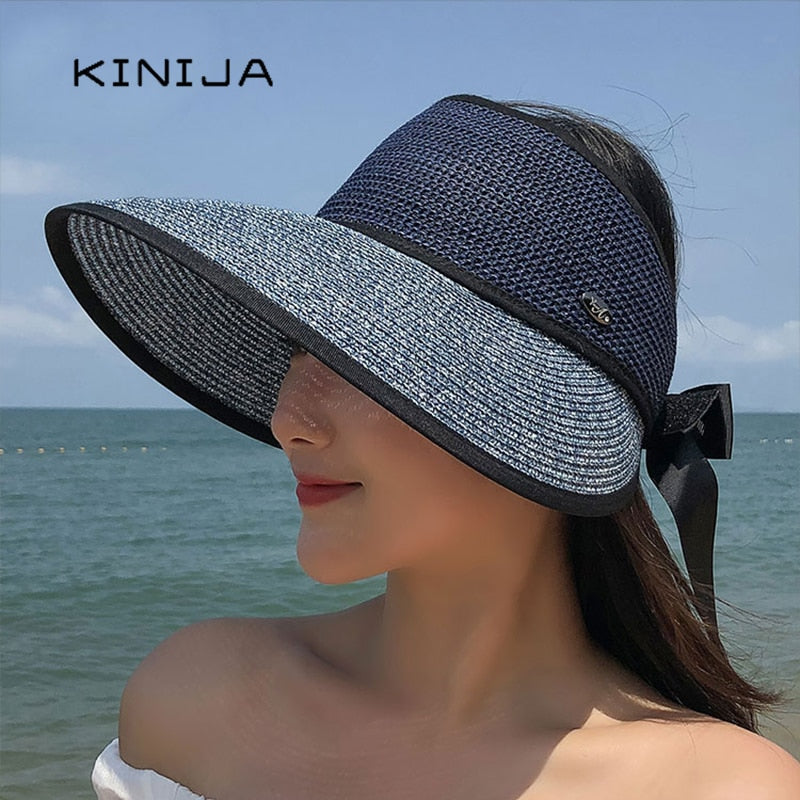 KINIJA Summer Wide Brim Empty Top Straw Hat