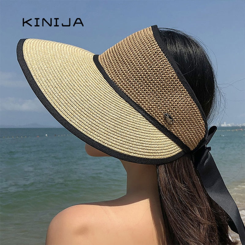 KINIJA Summer Wide Brim Empty Top Straw Hat