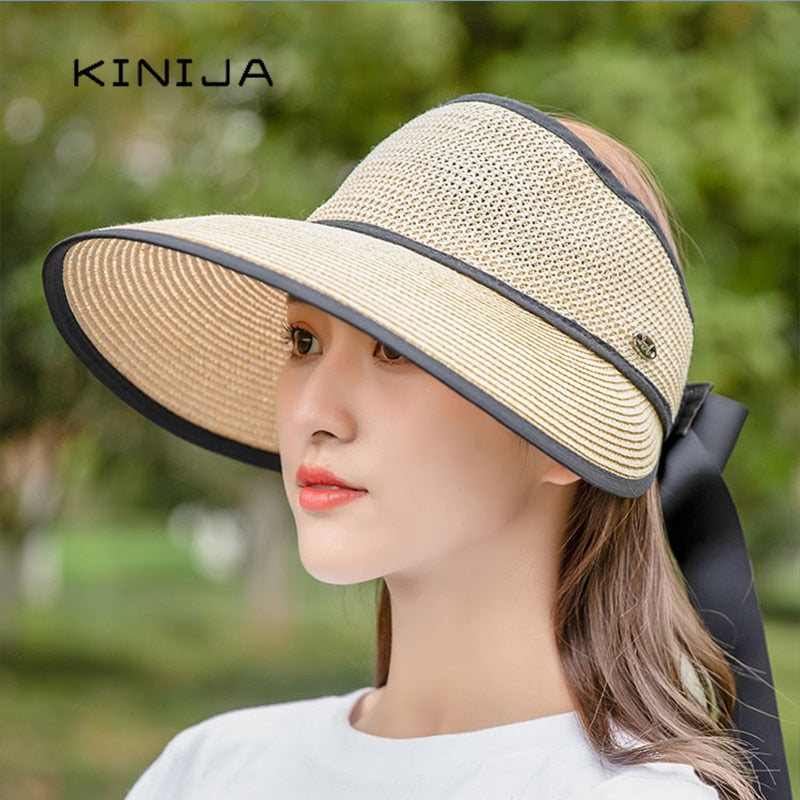 KINIJA Summer Wide Brim Empty Top Straw Hat