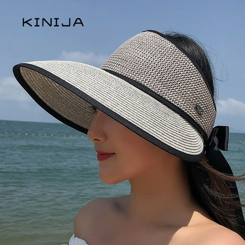 KINIJA Summer Wide Brim Empty Top Straw Hat