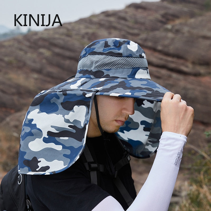 KINIJA Summer Camouflage Large Brim Removable Shawl Bucket Hat