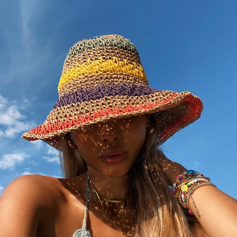 Ladies Rainbow Striped Hand Crochet Bucket Hat