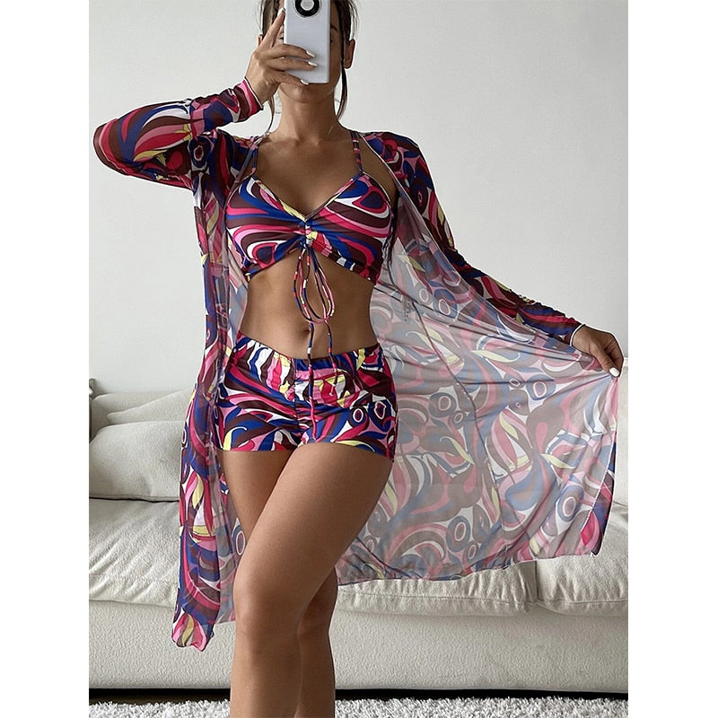3 Piece Halter Scrunch Bikini w Kimono