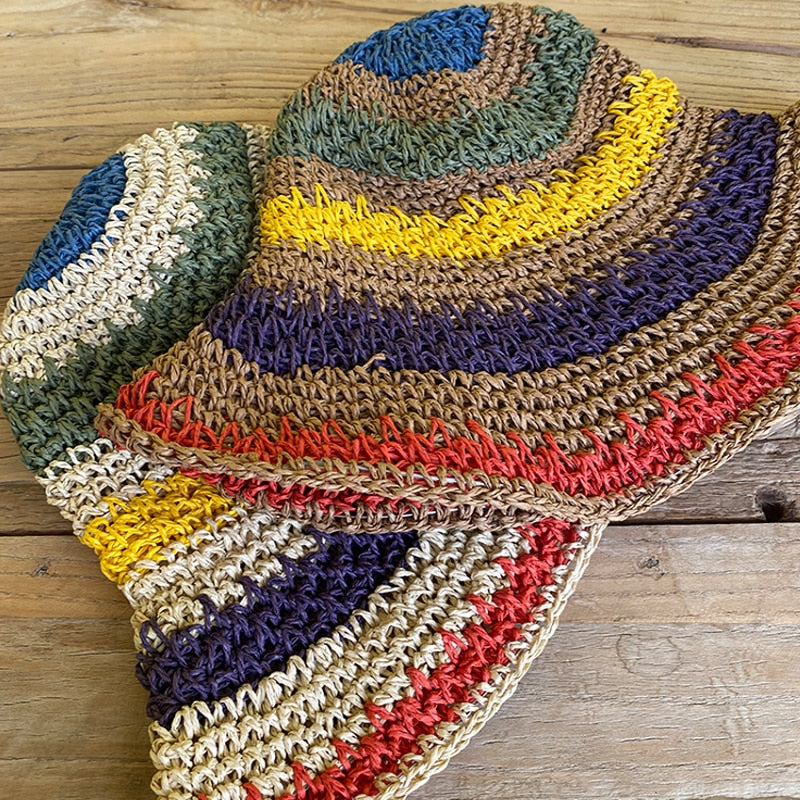 Ladies Rainbow Striped Hand Crochet Bucket Hat