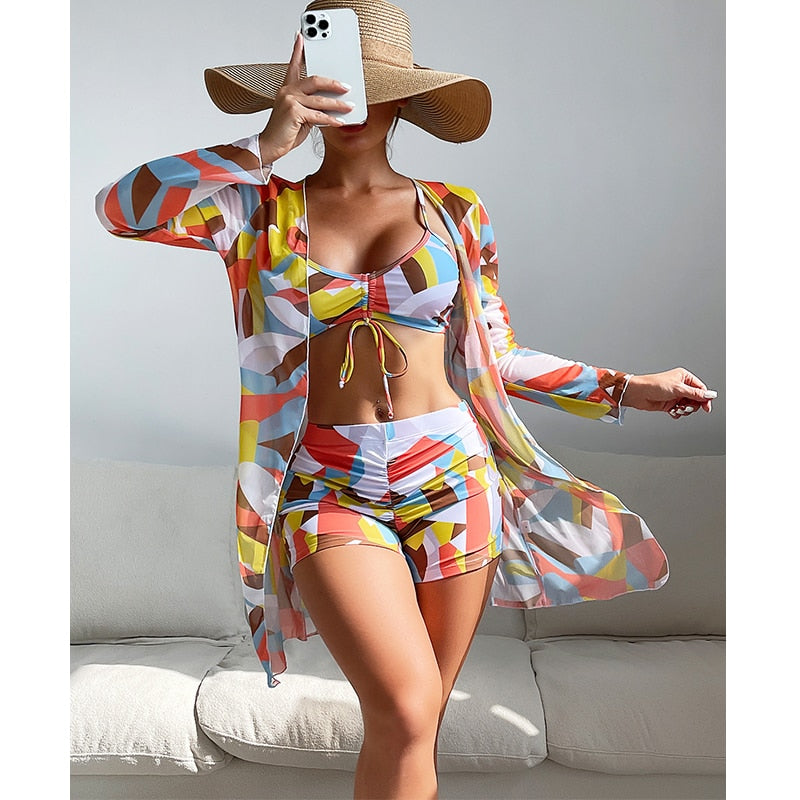3 Piece Halter Scrunch Bikini w Kimono