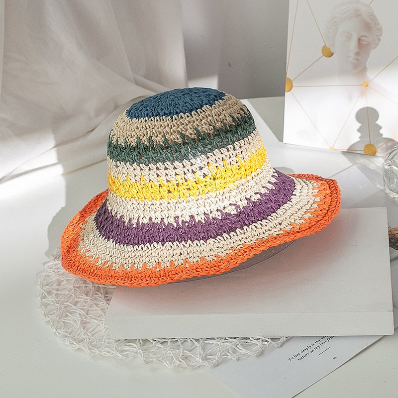 Ladies Rainbow Striped Hand Crochet Bucket Hat