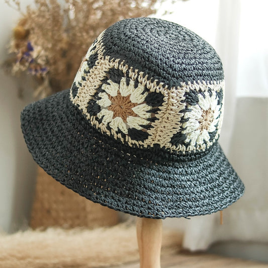 Crochet Beach Straw Hat Women Summer Flowers