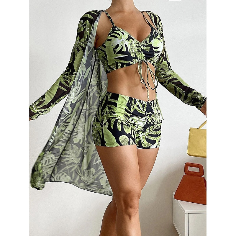 3 Piece Halter Scrunch Bikini w Kimono