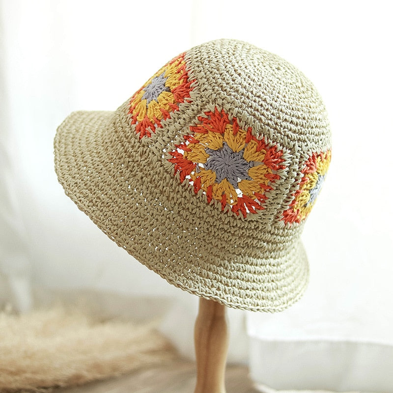 Crochet Beach Straw Hat Women Summer Flowers