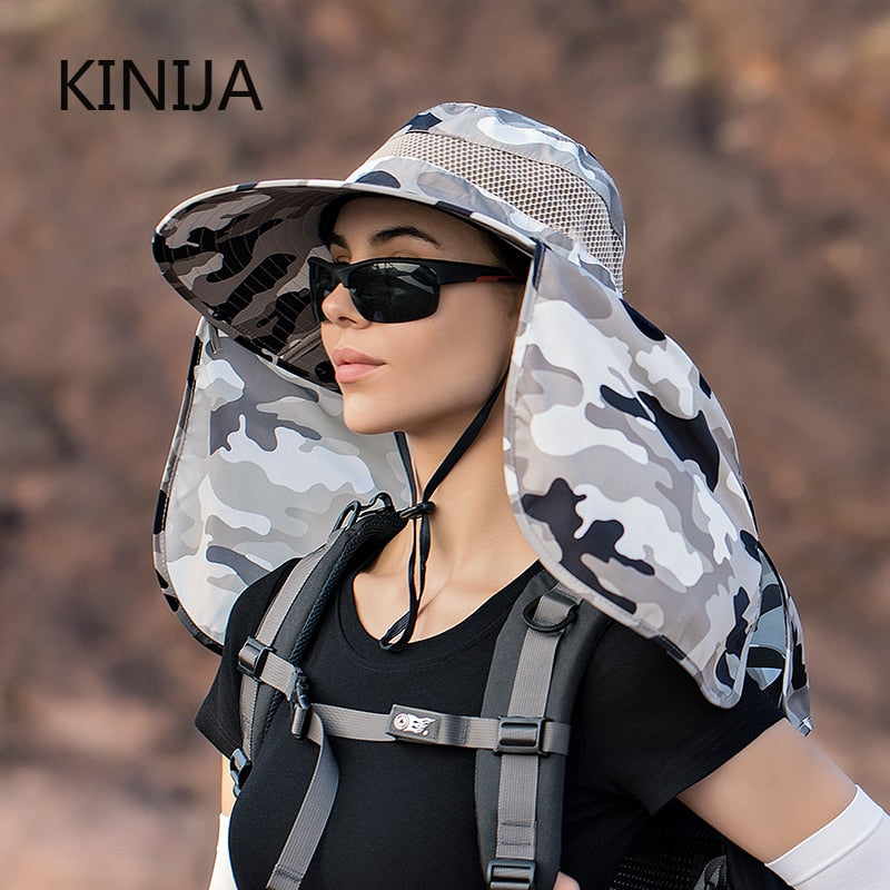 KINIJA Summer Camouflage Large Brim Removable Shawl Bucket Hat