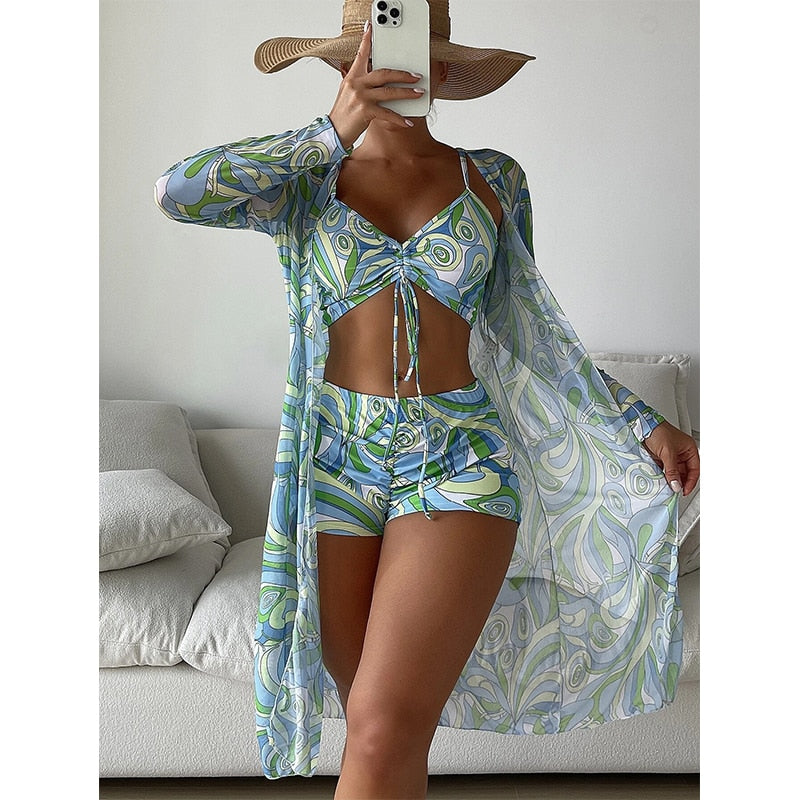 3 Piece Halter Scrunch Bikini w Kimono