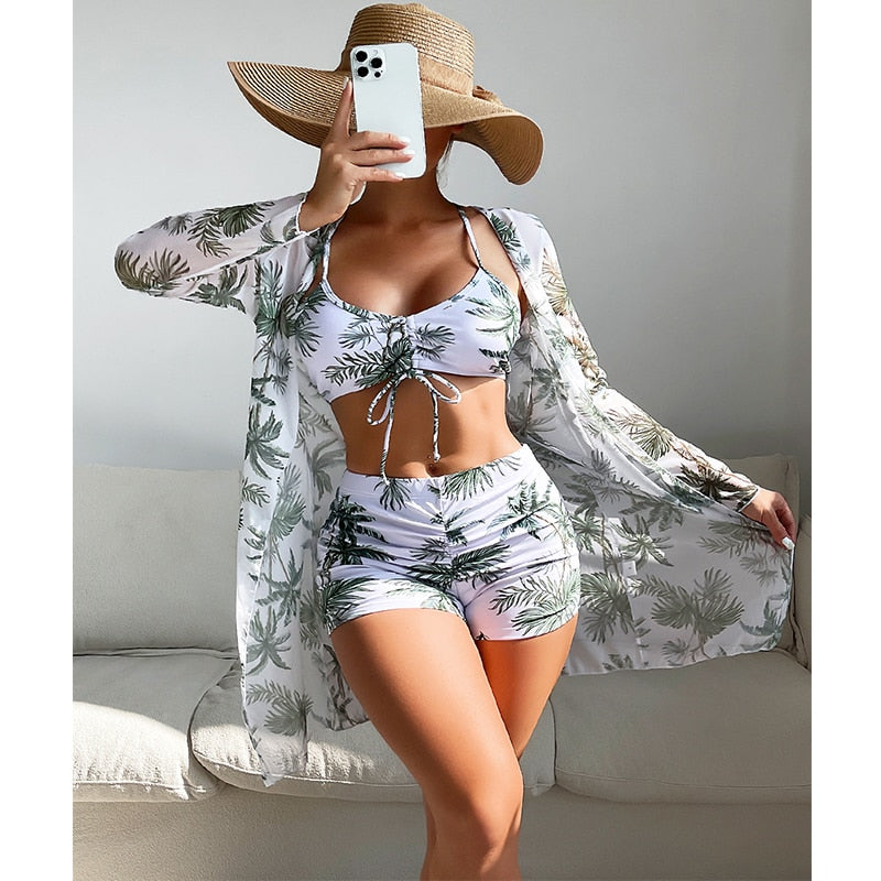 3 Piece Halter Scrunch Bikini w Kimono