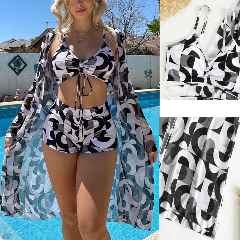 3 Piece Halter Scrunch Bikini w Kimono