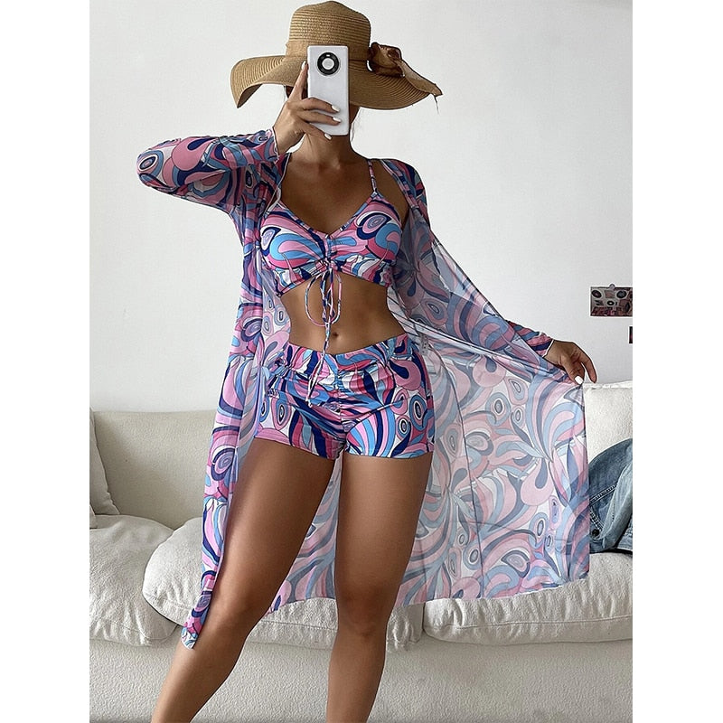 3 Piece Halter Scrunch Bikini w Kimono