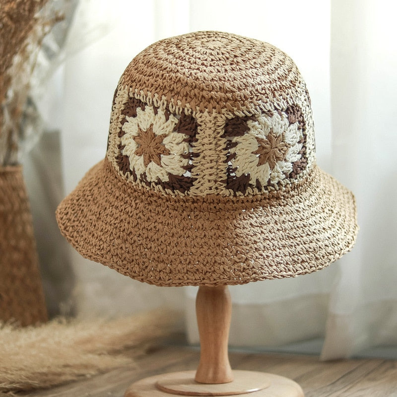 Crochet Beach Straw Hat Women Summer Flowers