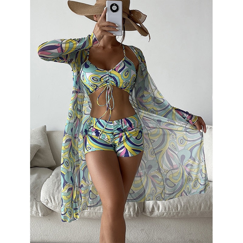 3 Piece Halter Scrunch Bikini w Kimono
