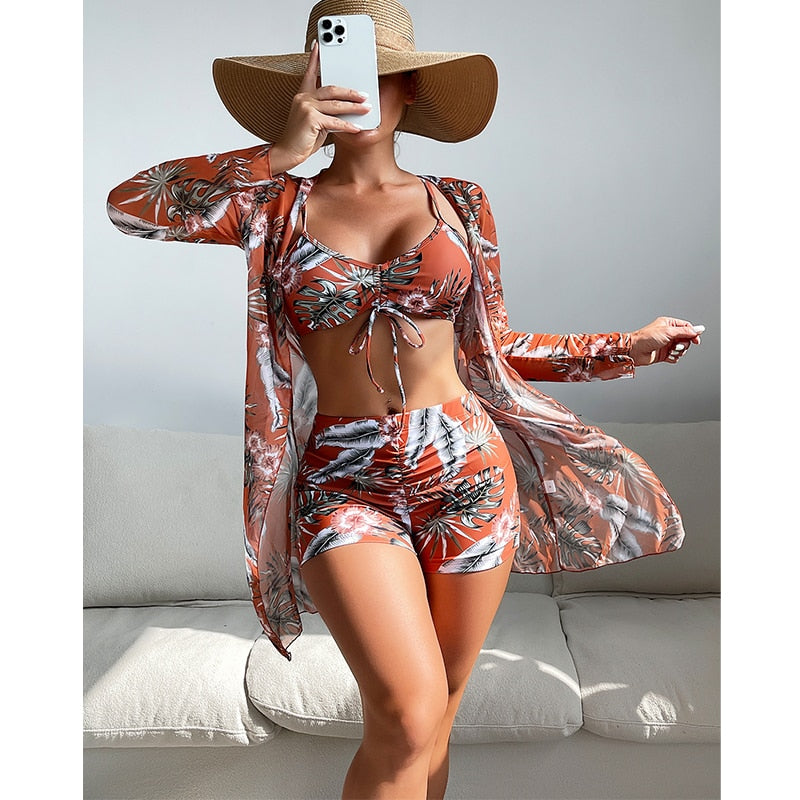 3 Piece Halter Scrunch Bikini w Kimono