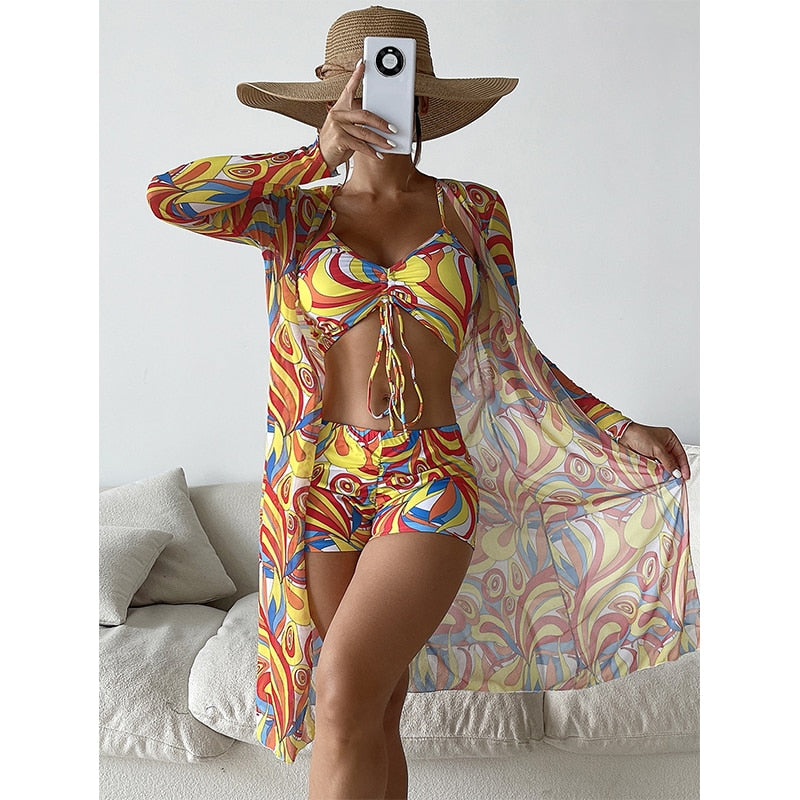3 Piece Halter Scrunch Bikini w Kimono
