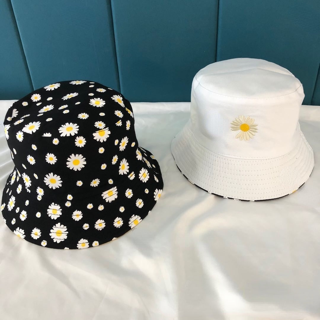 Daisy Embroidery Reversible Beach Bucket Hats