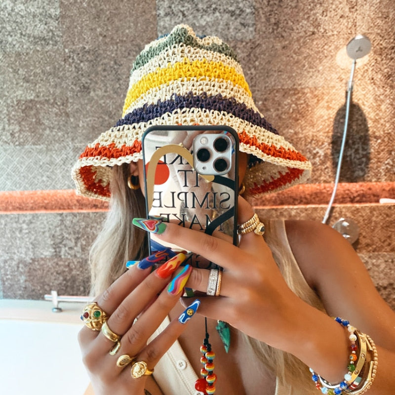 Ladies Rainbow Striped Hand Crochet Bucket Hat