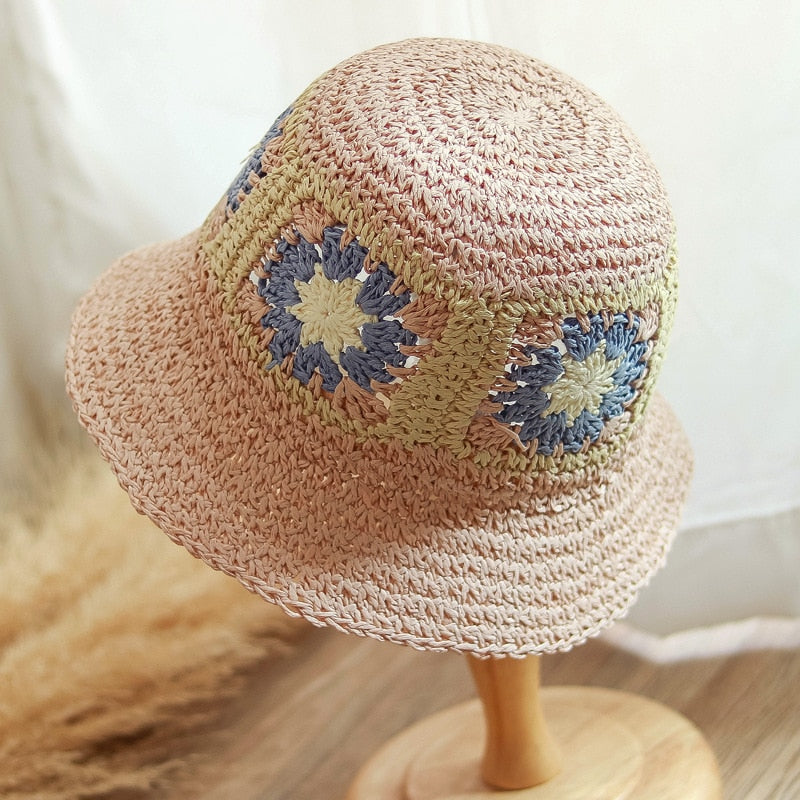 Crochet Beach Straw Hat Women Summer Flowers