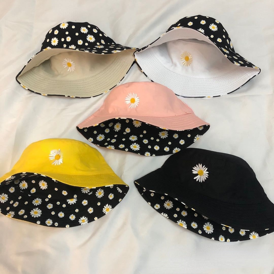 Daisy Embroidery Reversible Beach Bucket Hats