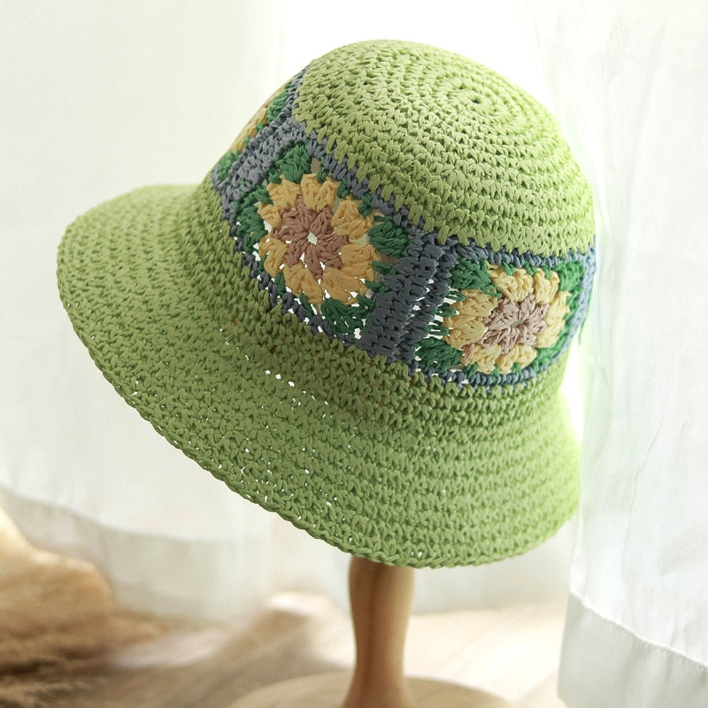 Crochet Beach Straw Hat Women Summer Flowers