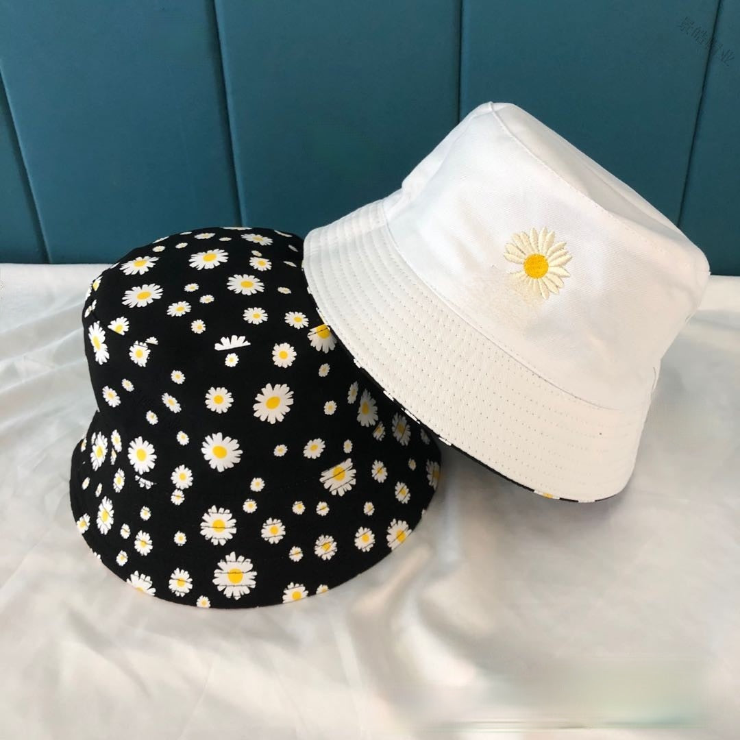 Daisy Embroidery Reversible Beach Bucket Hats
