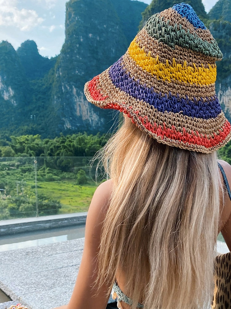 Ladies Rainbow Striped Hand Crochet Bucket Hat