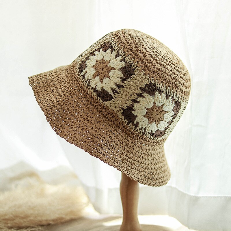 Crochet Beach Straw Hat Women Summer Flowers