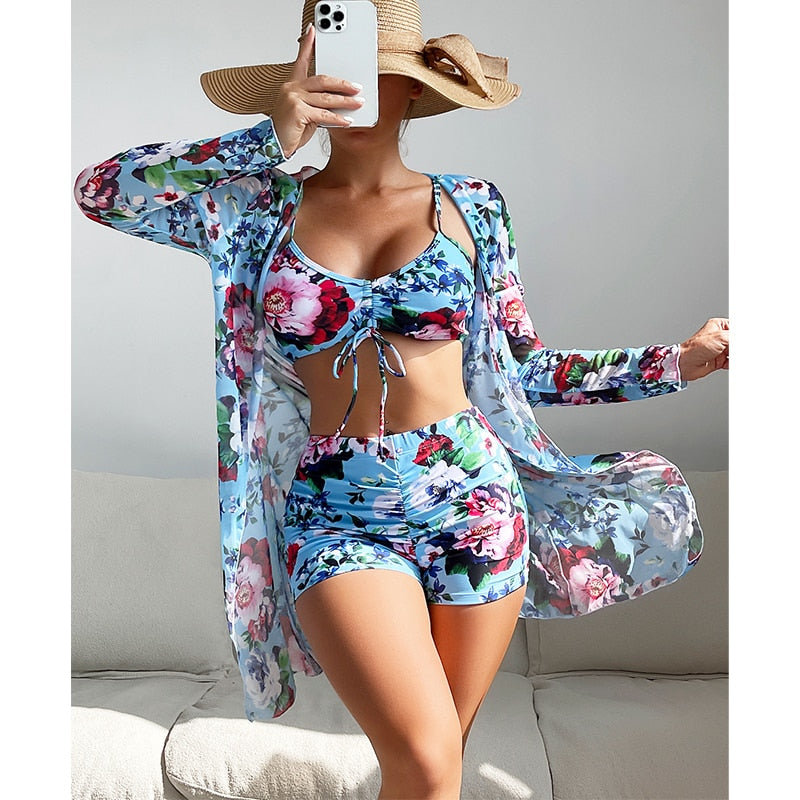 3 Piece Halter Scrunch Bikini w Kimono