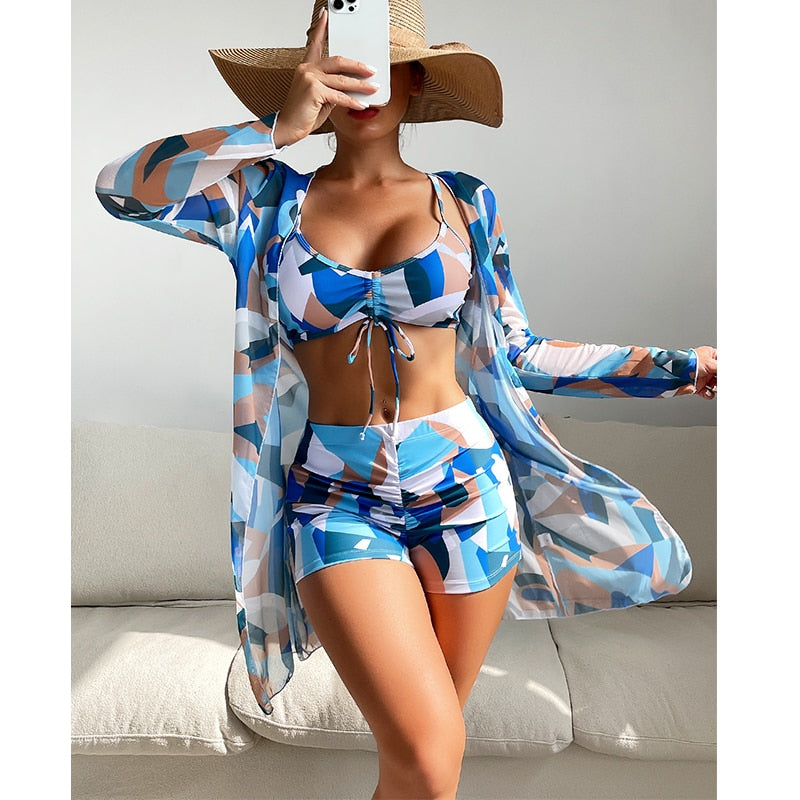 3 Piece Halter Scrunch Bikini w Kimono