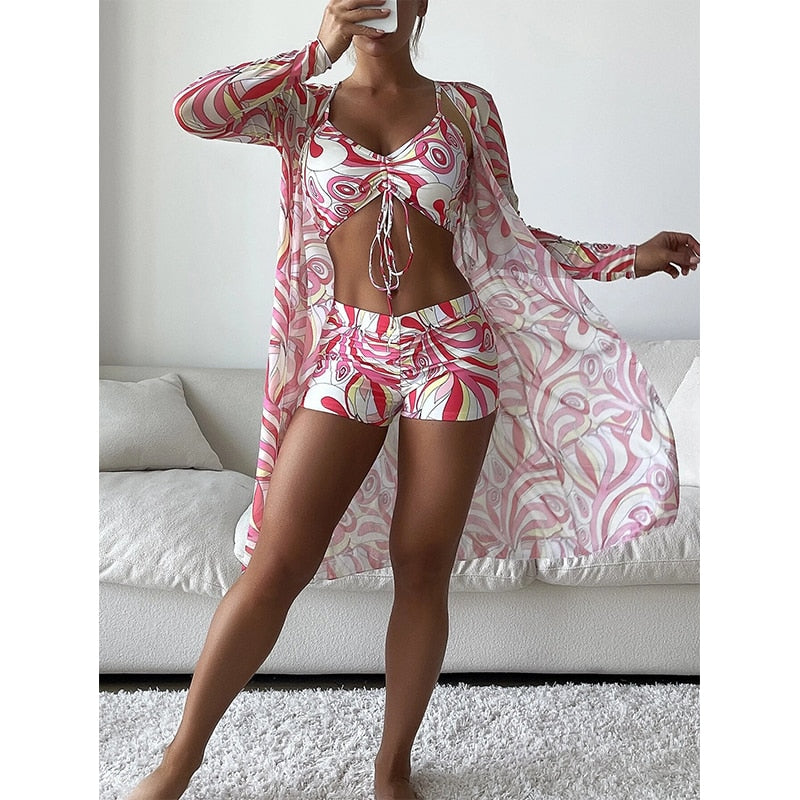 3 Piece Halter Scrunch Bikini w Kimono