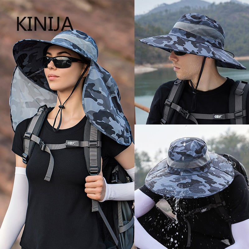 KINIJA Summer Camouflage Large Brim Removable Shawl Bucket Hat