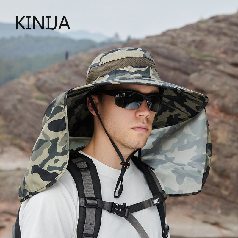 KINIJA Summer Camouflage Large Brim Removable Shawl Bucket Hat