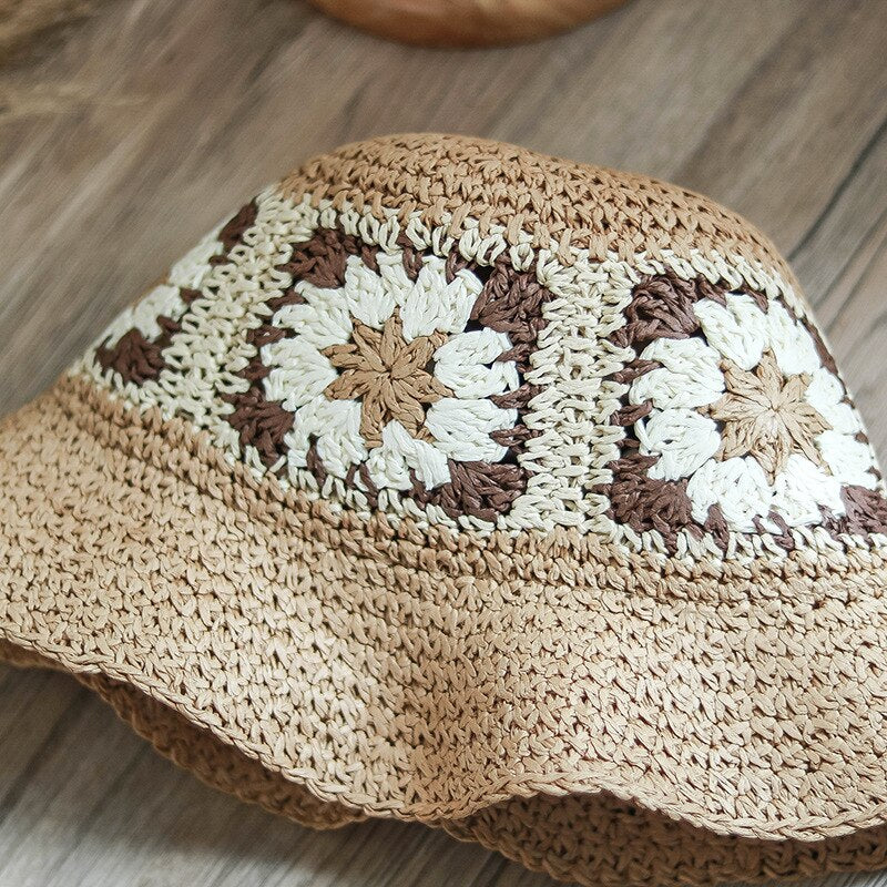 Crochet Beach Straw Hat Women Summer Flowers