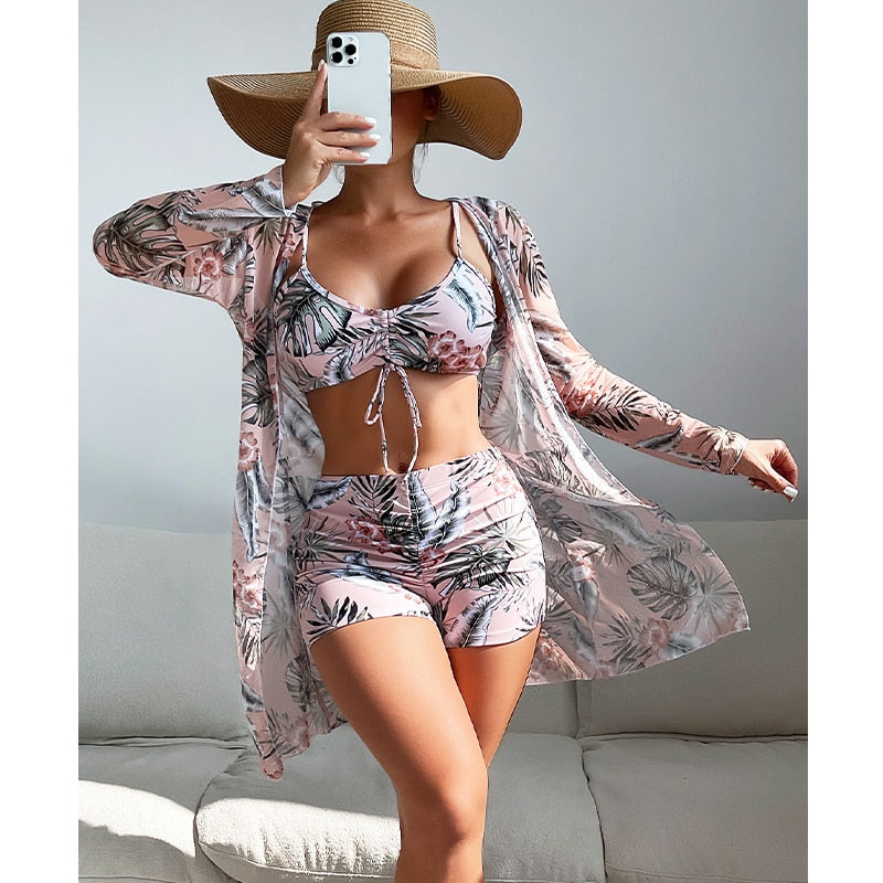 3 Piece Halter Scrunch Bikini w Kimono