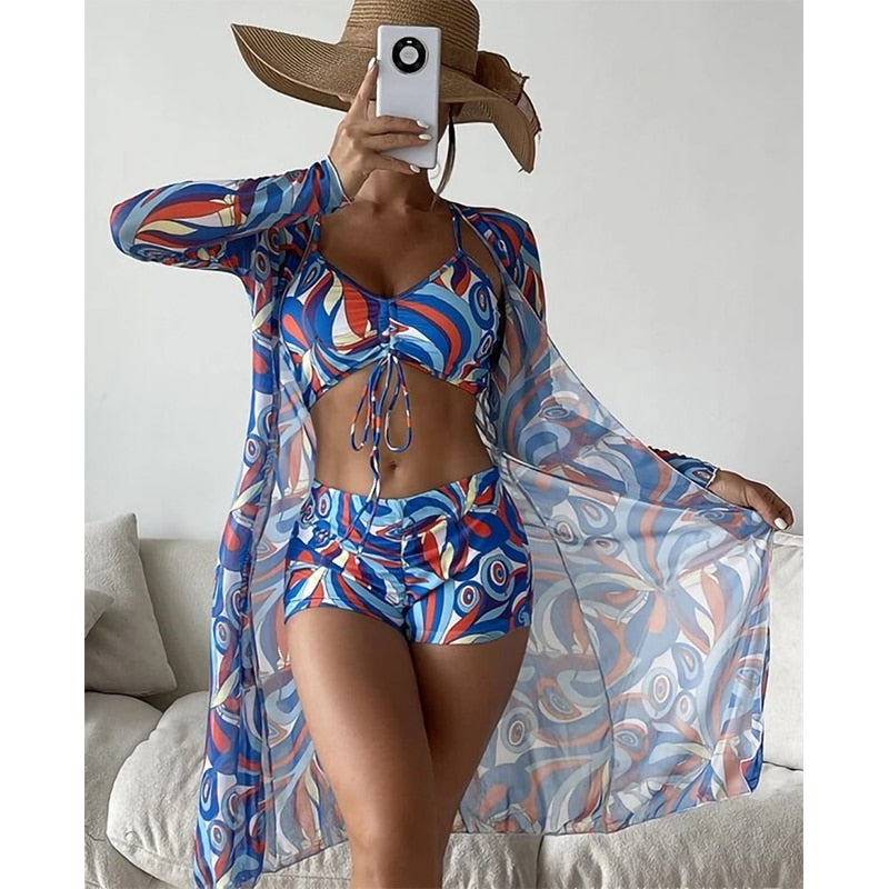 3 Piece Halter Scrunch Bikini w Kimono